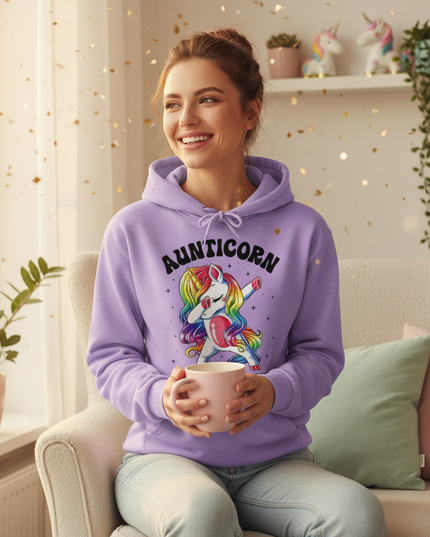 purple aunt unicorn hoodie - in-use