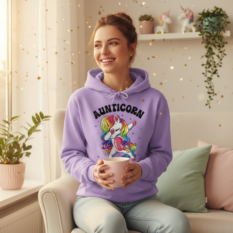 purple aunt unicorn hoodie - in-use
