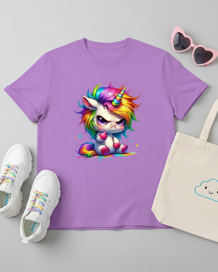 purple cartoon unicorn shirt - flat-lay