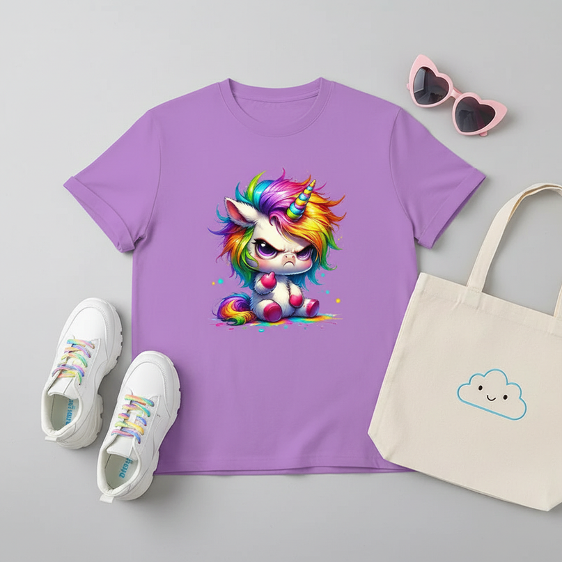 purple cartoon unicorn shirt - flat-lay