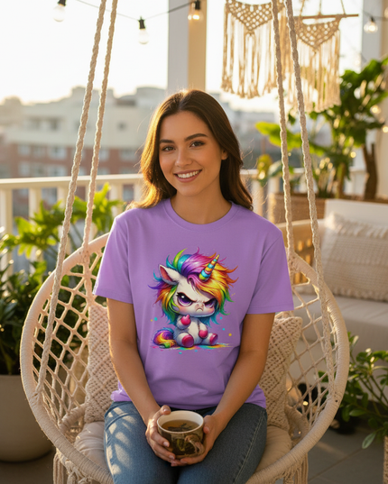 purple cartoon unicorn shirt - in-use