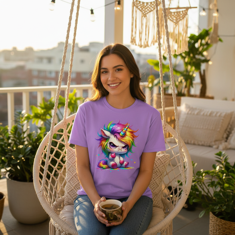 purple cartoon unicorn shirt - in-use