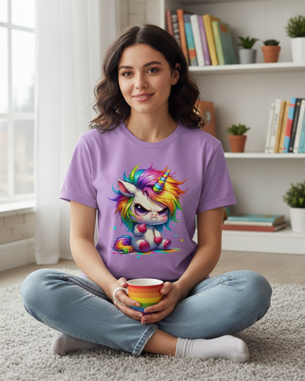 purple cartoon unicorn shirt - lifestyle