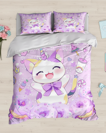 purple caticorn bedding - flat-lay