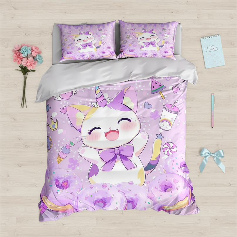 purple caticorn bedding - flat-lay