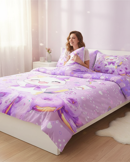 purple caticorn bedding - in-use