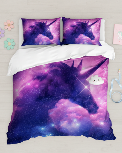 purple cosmic rearing unicorn bedding - flat-lay