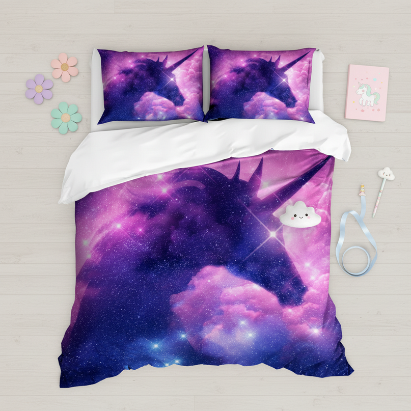purple cosmic rearing unicorn bedding - flat-lay
