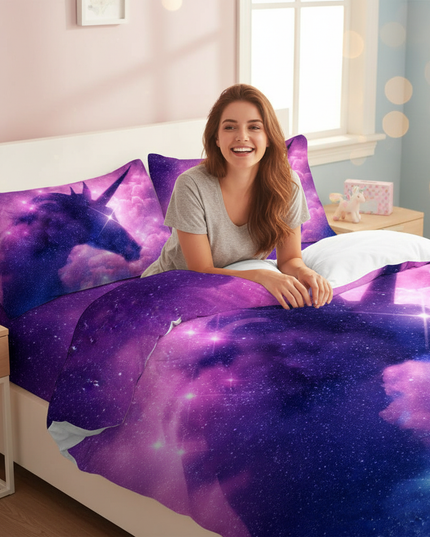 purple cosmic rearing unicorn bedding - in-use