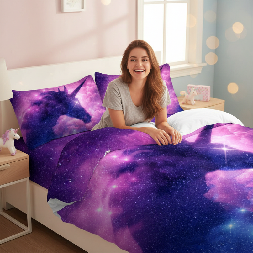 purple cosmic rearing unicorn bedding - in-use