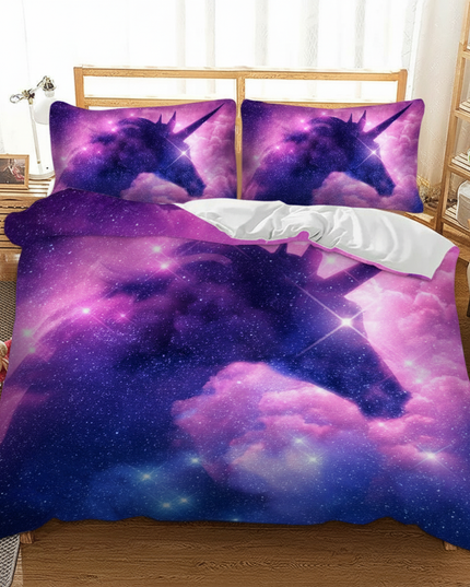 purple cosmic rearing unicorn bedding - lifestyle
