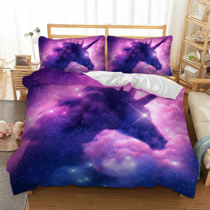 purple cosmic rearing unicorn bedding - lifestyle
