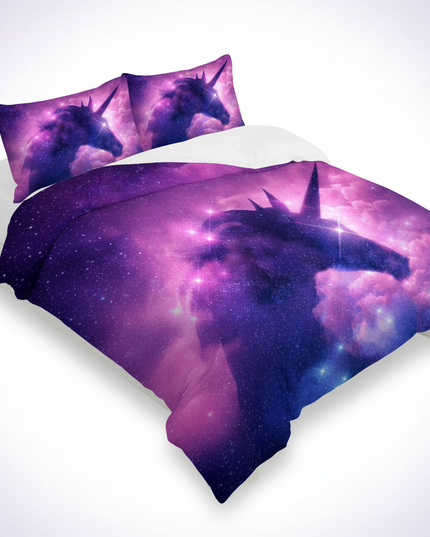 purple cosmic rearing unicorn bedding - white-bg