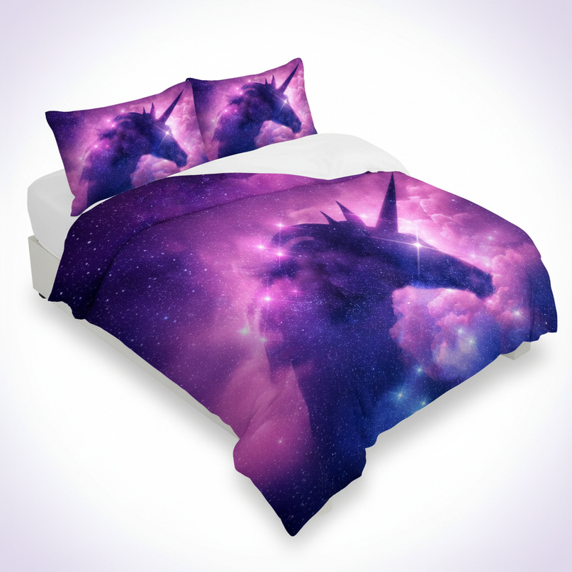 purple cosmic rearing unicorn bedding - white-bg