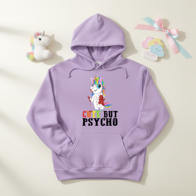 purple cute but psycho hoodie - flat-lay