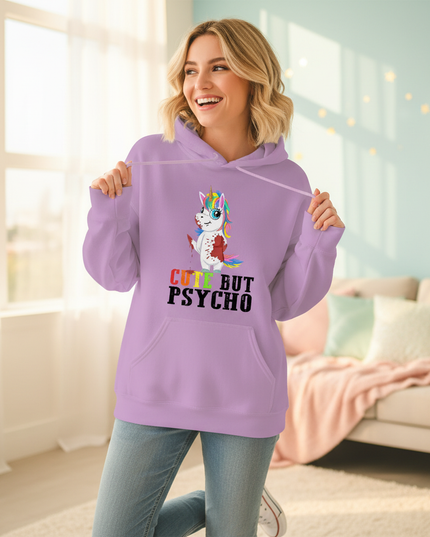 purple cute but psycho hoodie - in-use