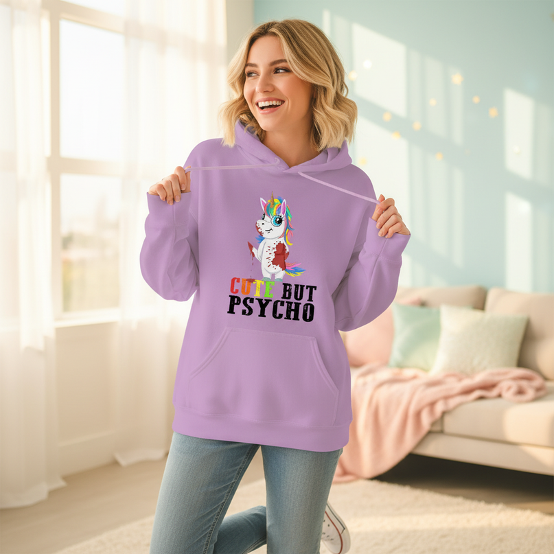 purple cute but psycho hoodie - in-use