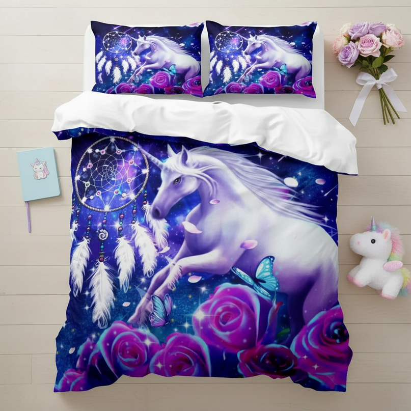 purple dreamcatcher unicorn bedding - flat-lay