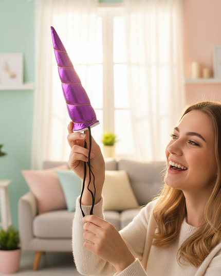 purple elastic unicorn horn - in-use