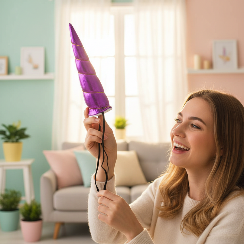 purple elastic unicorn horn - in-use
