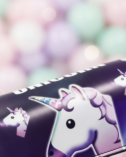 purple emoji unicorn pencil case - detail