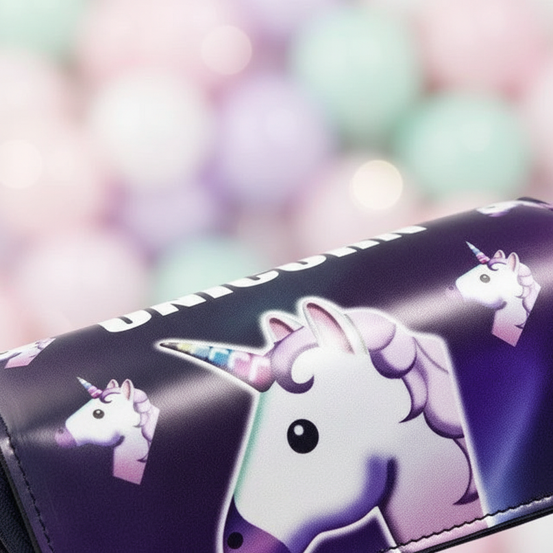 purple emoji unicorn pencil case - detail