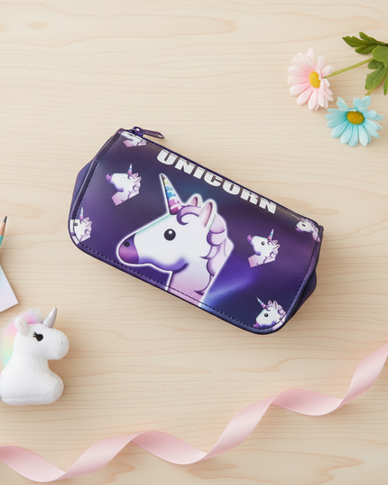purple emoji unicorn pencil case - flat-lay