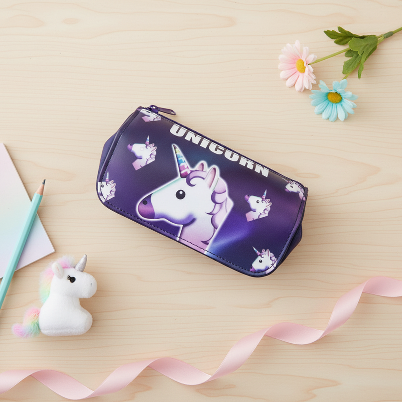 purple emoji unicorn pencil case - flat-lay