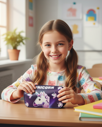 purple emoji unicorn pencil case - in-use