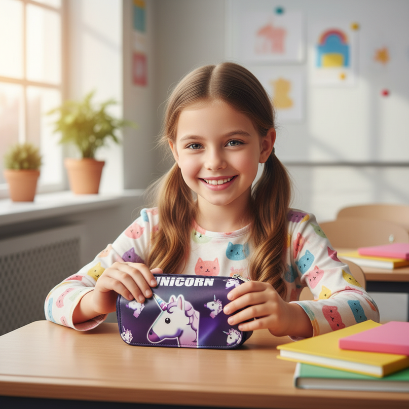 purple emoji unicorn pencil case - in-use