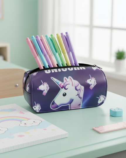 purple emoji unicorn pencil case - lifestyle