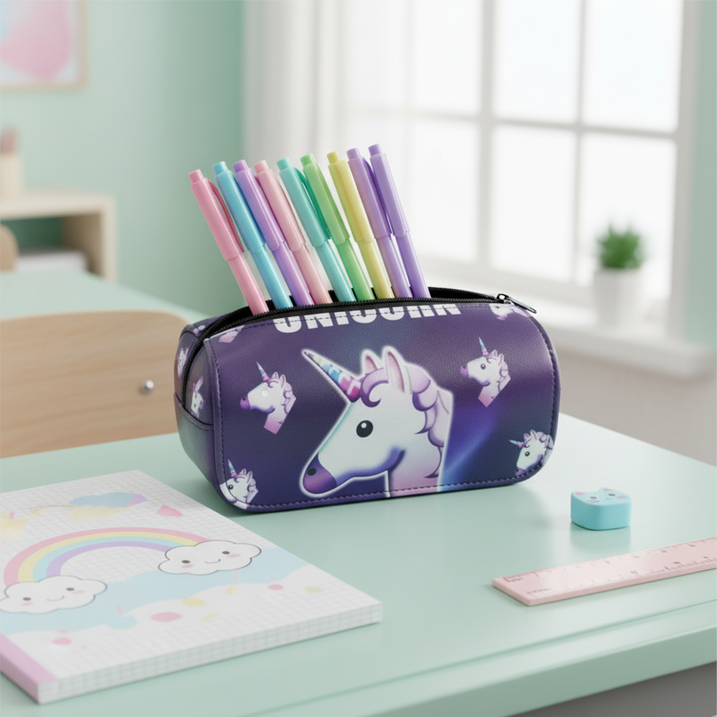 purple emoji unicorn pencil case - lifestyle