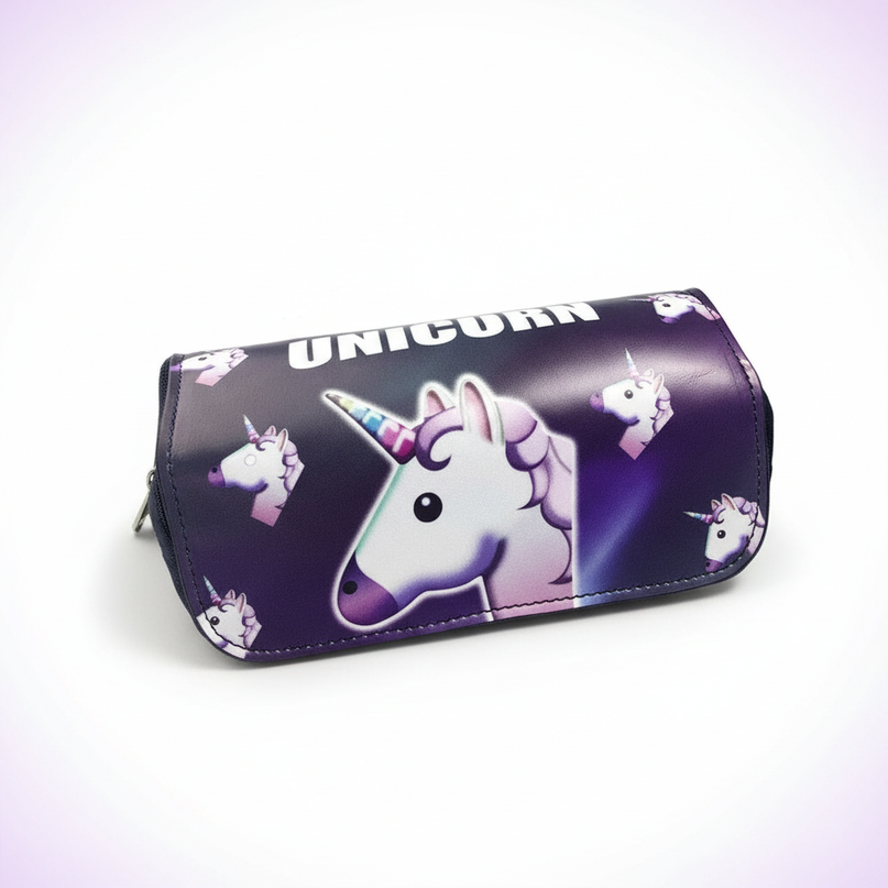 purple emoji unicorn pencil case - white-bg