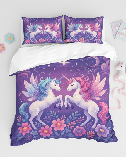 purple fairy winged pair unicorn bedding - flat-lay