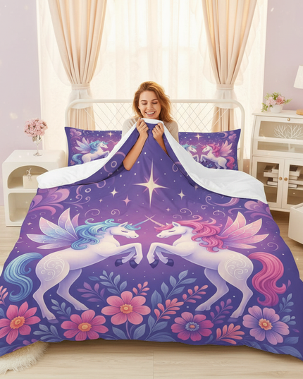 purple fairy winged pair unicorn bedding - in-use