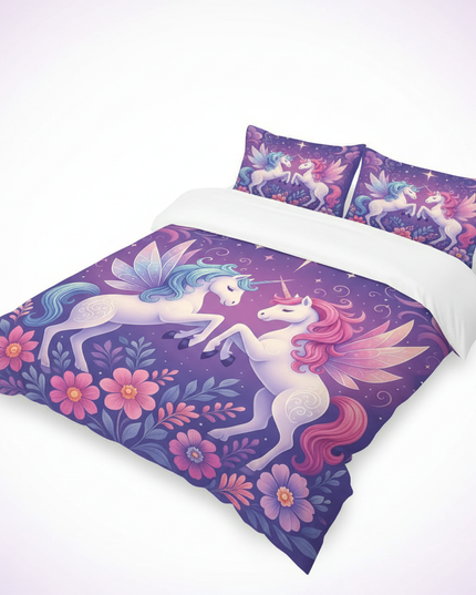 purple fairy winged pair unicorn bedding - white-bg