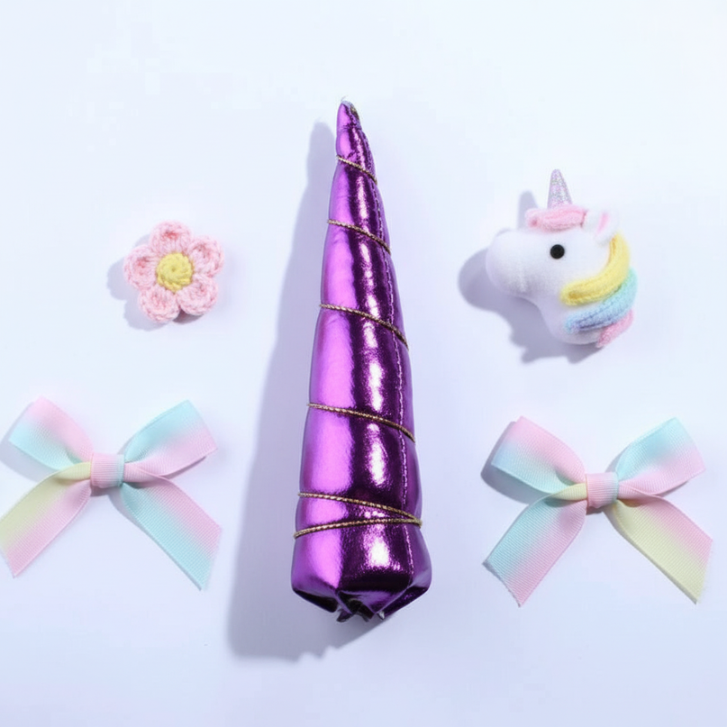 purple felt unicorn horn set - flat-lay
