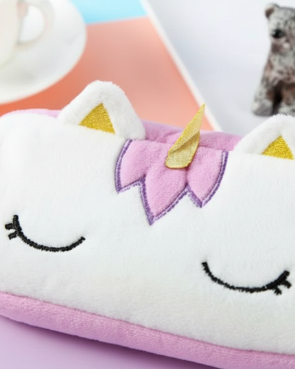purple fluffy unicorn pencil case - detail
