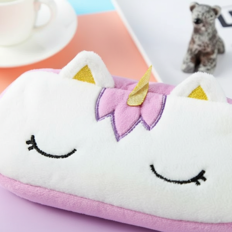 purple fluffy unicorn pencil case - detail