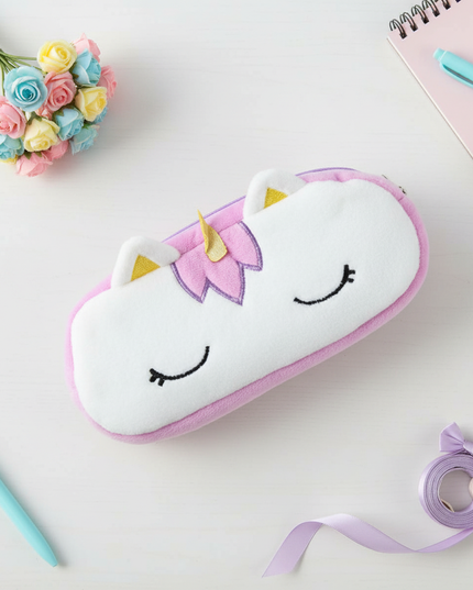 purple fluffy unicorn pencil case - flat-lay