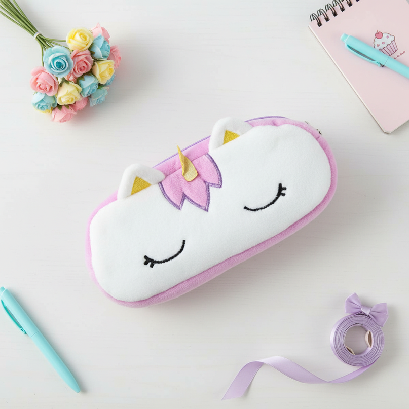 purple fluffy unicorn pencil case - flat-lay