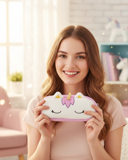 purple fluffy unicorn pencil case - in-use