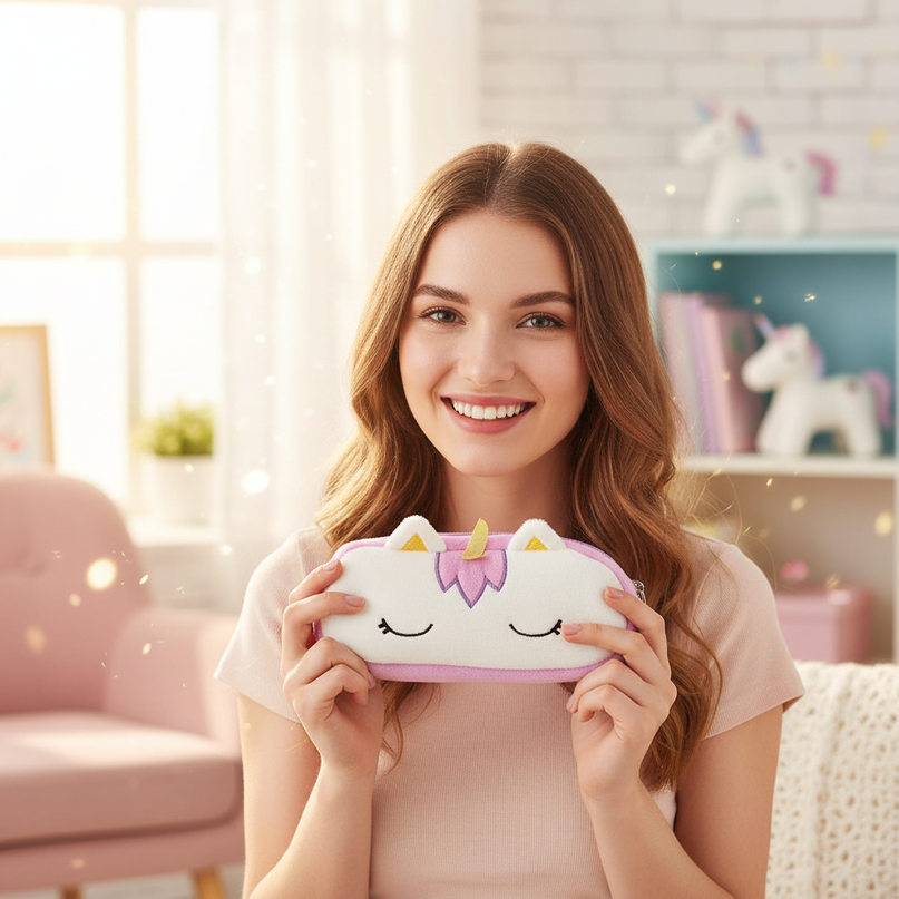 purple fluffy unicorn pencil case - in-use