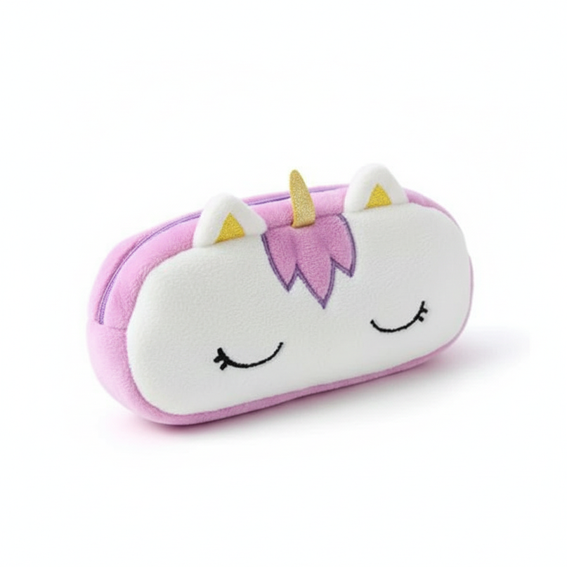 purple fluffy unicorn pencil case - white-bg