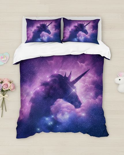 purple galaxy silhouette unicorn bedding - flat-lay
