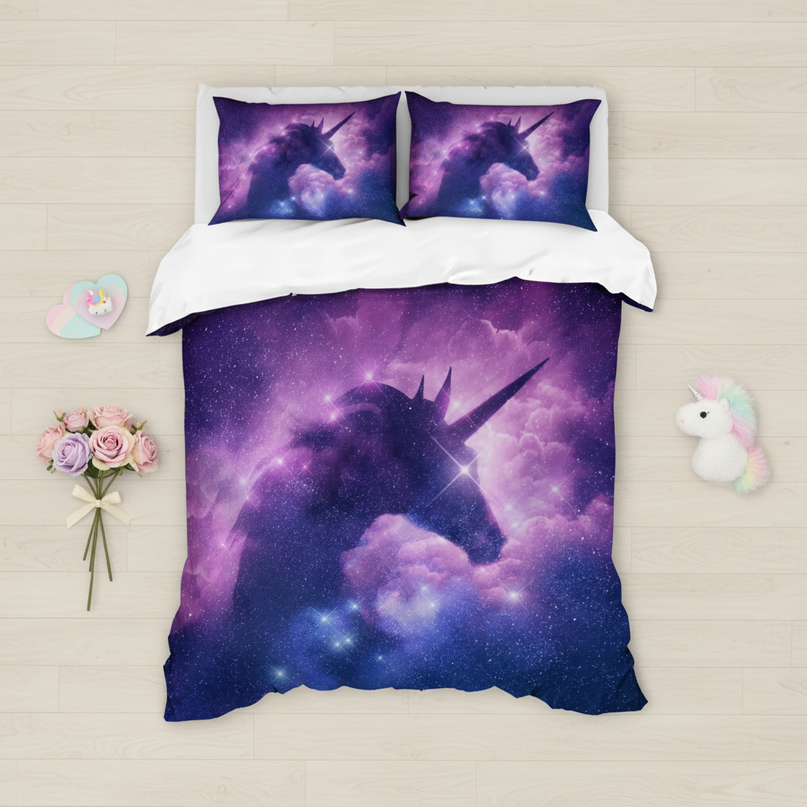 purple galaxy silhouette unicorn bedding - flat-lay