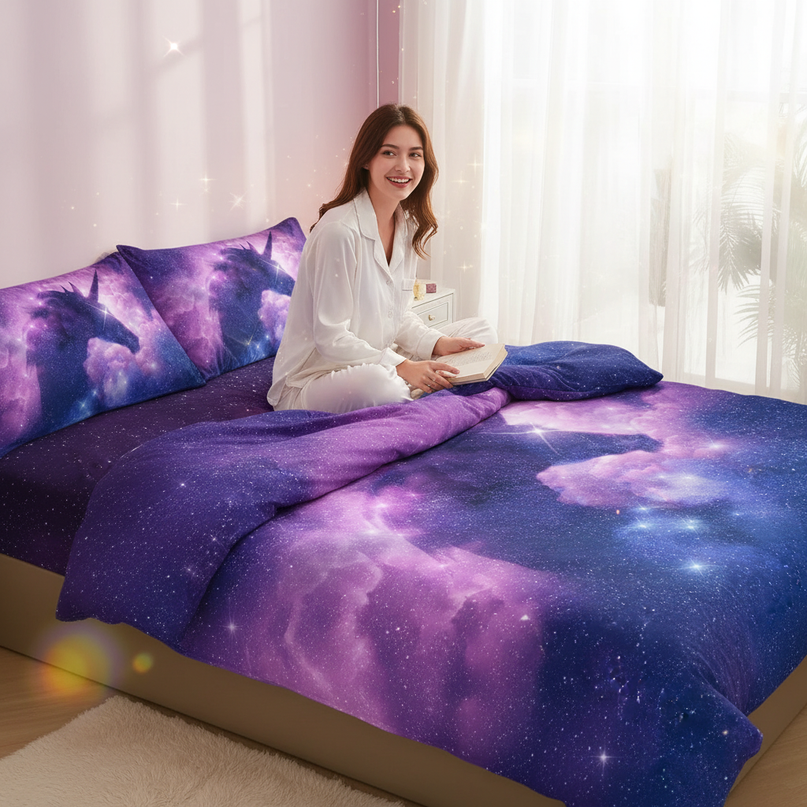purple galaxy silhouette unicorn bedding - in-use