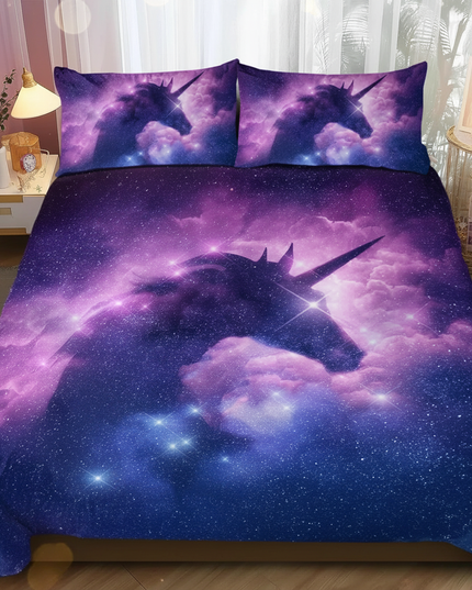 purple galaxy silhouette unicorn bedding - lifestyle