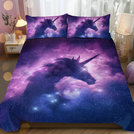 purple galaxy silhouette unicorn bedding - lifestyle