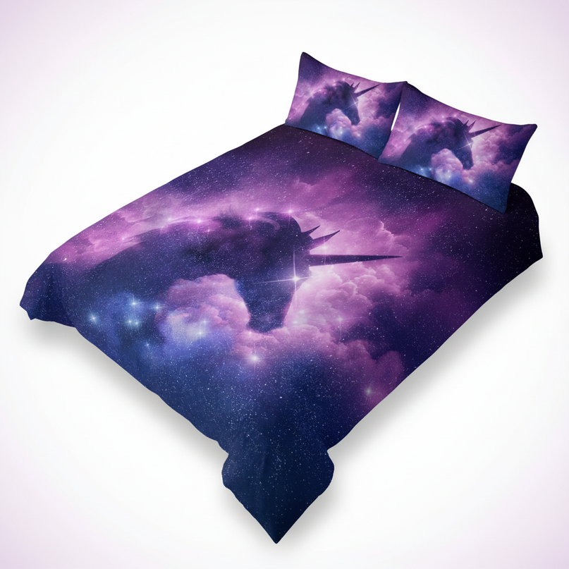 purple galaxy silhouette unicorn bedding - white-bg